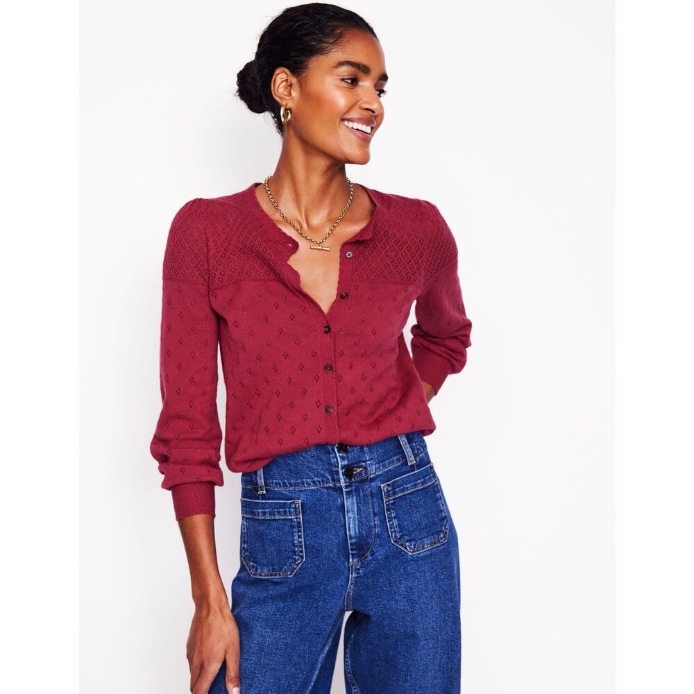 Boden Sweater Cardigan Large Rosalie Pontelle Brick Red Knit Cottage Coastal
